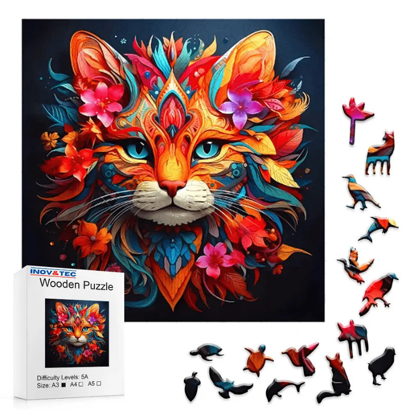 Quebra-Cabeça De Madeira Inova WOOD PUZZLE - Gato Florido | Diversão Com Diversos Benefícios