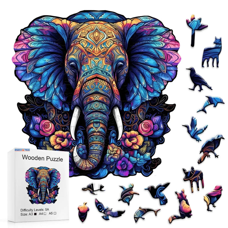 Quebra-Cabeça de Madeira Inova WOOD PUZZLE - Elefante Sereno | Diversão com Diversos Benefícios para Crianças e Idosos