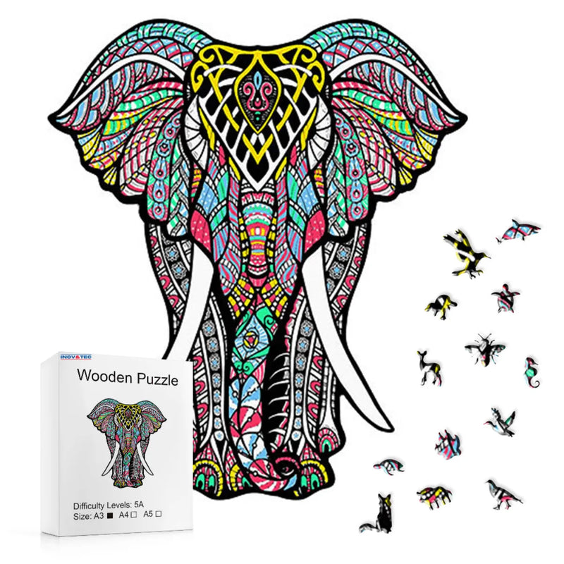 Quebra-Cabeça de Madeira Inova WOOD PUZZLE - Elefante Psicodélico | Diversão com Diversos Benefícios para Crianças e Idosos