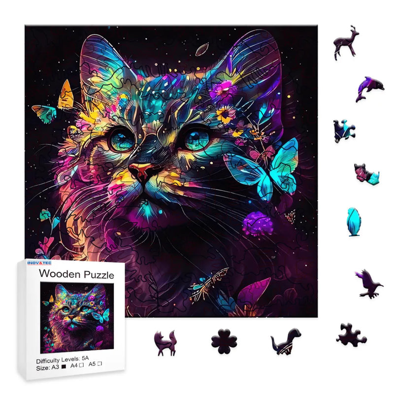 Quebra-Cabeça de Madeira Inova WOOD PUZZLE - Gato Cósmico | Diversão com Diversos Benefícios para Crianças e Idosos