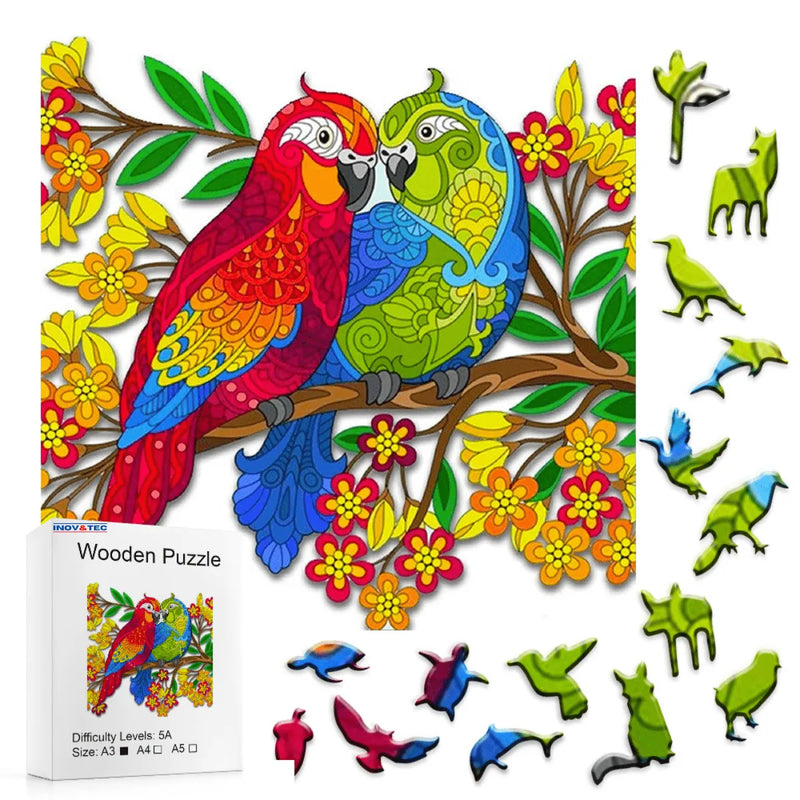 Quebra-Cabeça de Madeira Inova WOOD PUZZLE - Casal de Araras | Diversão com Diversos Benefícios para Crianças e Idosos