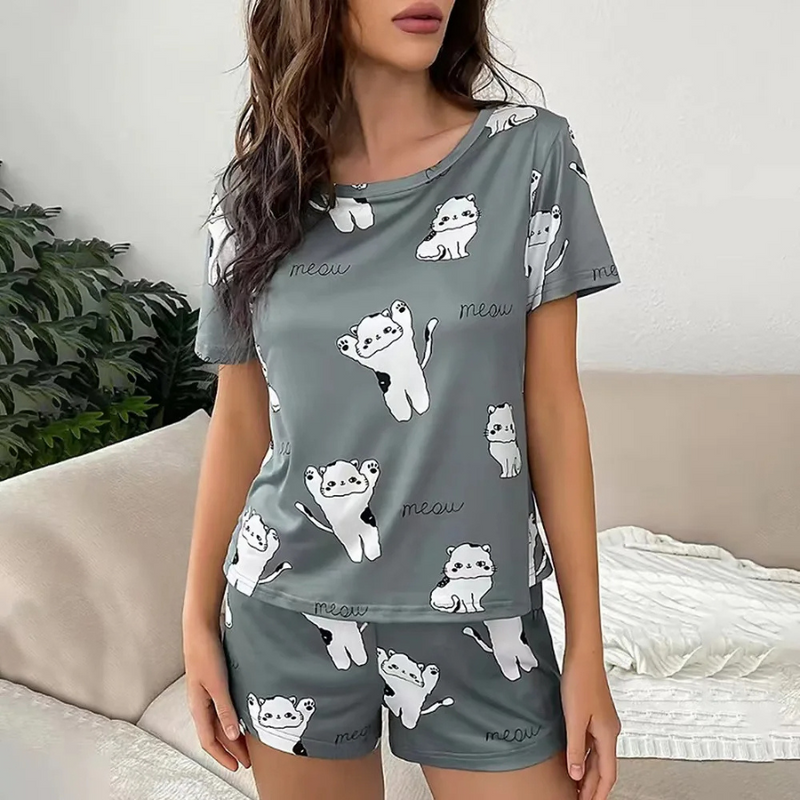 Pijama Feminino Cute Cats - Conjunto Top Cropped e Shorts Fresquinho LooseFit | Tecido Super Macio e Confortável