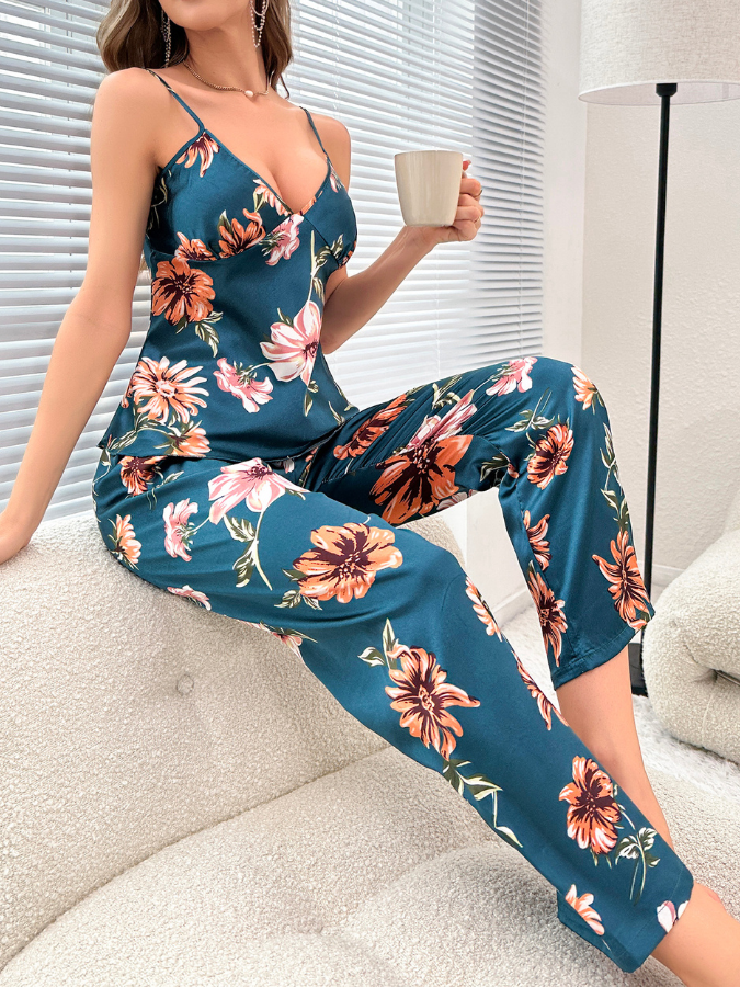 Pijama Feminino Flowers - Conjunto Calça e Camisa Em Seda Gelo Premium | Toque De Seda Super Confortável