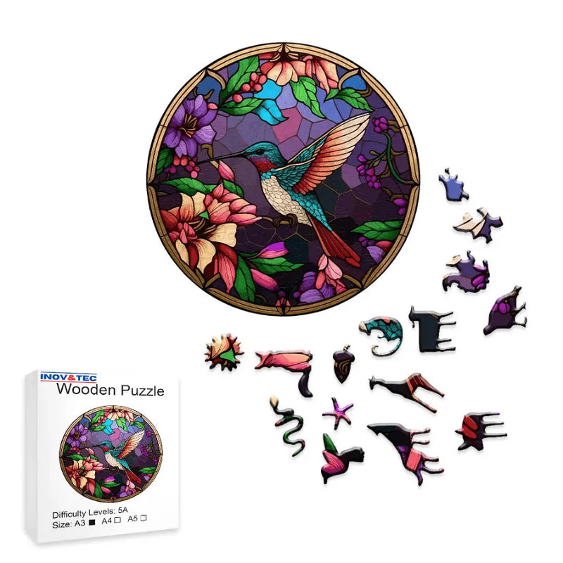 Quebra-Cabeça De Madeira Inova WOOD PUZZLE - Vitral De Beija-Flor | Diversão Com Diversos Benefícios