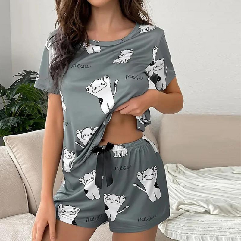 Pijama Feminino Cute Cats - Conjunto Top Cropped e Shorts Fresquinho LooseFit | Tecido Super Macio e Confortável