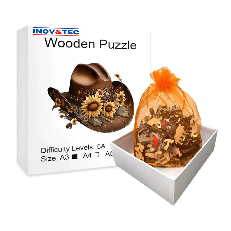 Quebra-Cabeça De Madeira Inova WOOD PUZZLE - Chapéu Com Girassóis | Diversão Com Diversos Benefícios