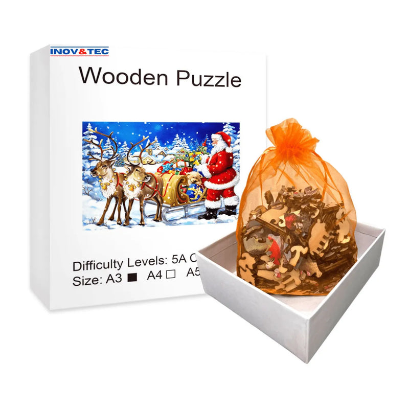 Quebra-Cabeça de Madeira Inova WOOD PUZZLE - Noel e sua Charrete | Diversão com Diversos Benefícios para Crianças e Idosos