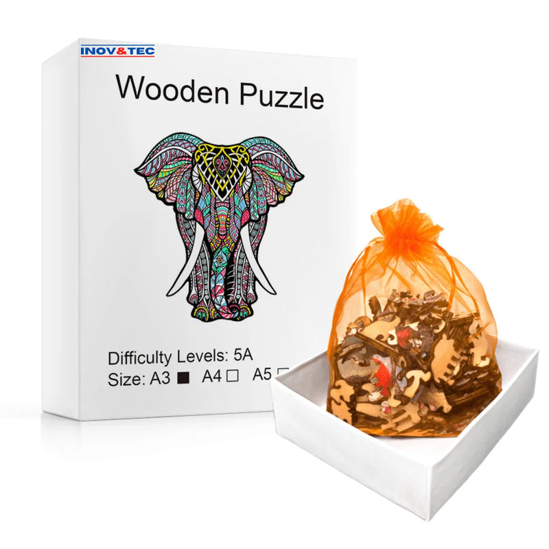 Quebra-Cabeça de Madeira Inova WOOD PUZZLE - Elefante Psicodélico | Diversão com Diversos Benefícios para Crianças e Idosos