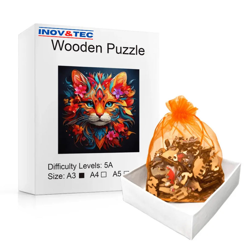 Quebra-Cabeça De Madeira Inova WOOD PUZZLE - Gato Florido | Diversão Com Diversos Benefícios