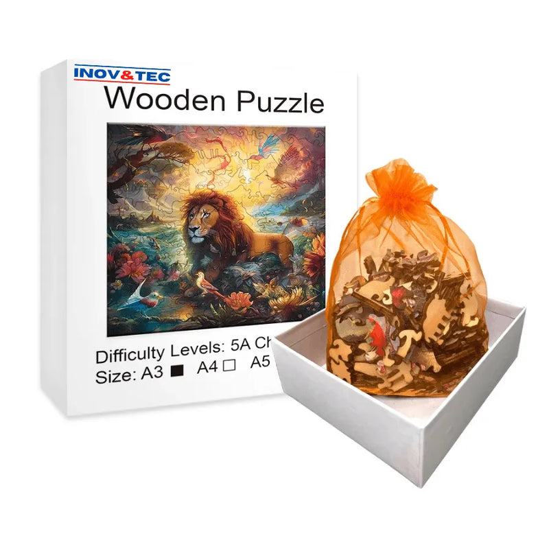 Quebra-Cabeça De Madeira Inova WOOD PUZZLE - Leão Com Flores | Diversão Com Diversos Benefícios