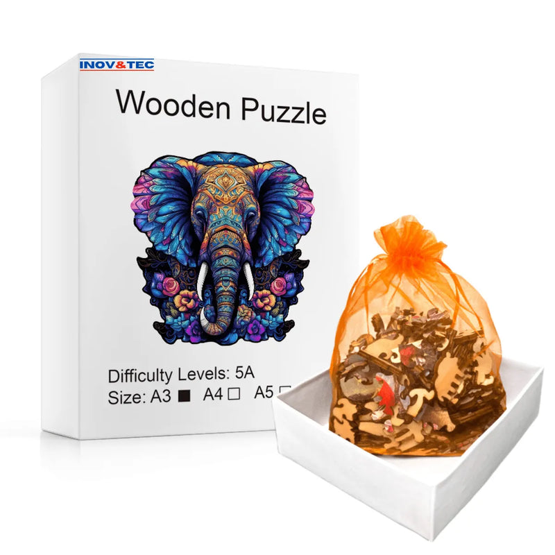 Quebra-Cabeça de Madeira Inova WOOD PUZZLE - Elefante Sereno | Diversão com Diversos Benefícios para Crianças e Idosos