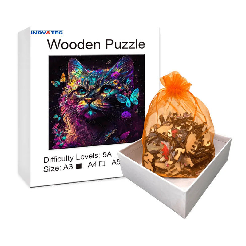 Quebra-Cabeça de Madeira Inova WOOD PUZZLE - Gato Cósmico | Diversão com Diversos Benefícios para Crianças e Idosos