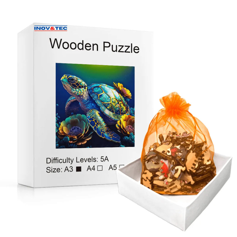 Quebra-Cabeça de Madeira Inova WOOD PUZZLE - Tartaruga Floral | Diversão com Diversos Benefícios para Crianças e Idosos