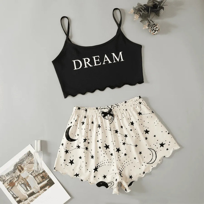 Pijama Feminino Dreams Moon - Conjunto Top Cropped e Shorts Fresquinho LooseFit | Tecido Super Macio e Confortável