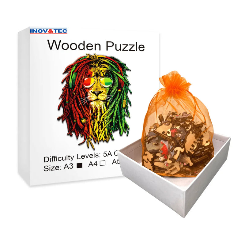 Quebra-Cabeça de Madeira Inova WOOD PUZZLE - Leão do Reggae | Diversão com Diversos Benefícios para Crianças e Idosos