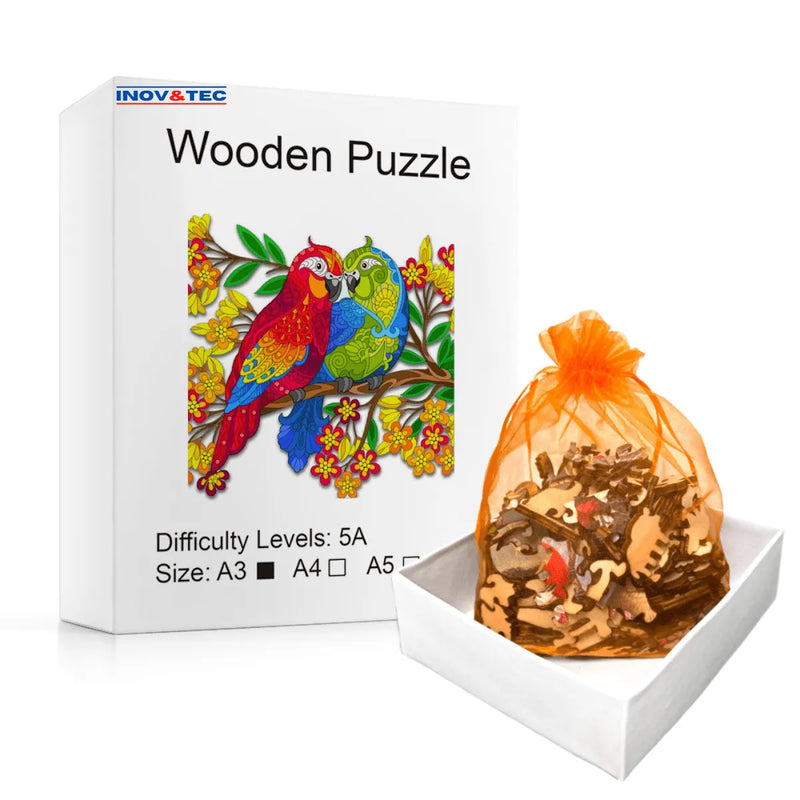 Quebra-Cabeça de Madeira Inova WOOD PUZZLE - Casal de Araras | Diversão com Diversos Benefícios para Crianças e Idosos