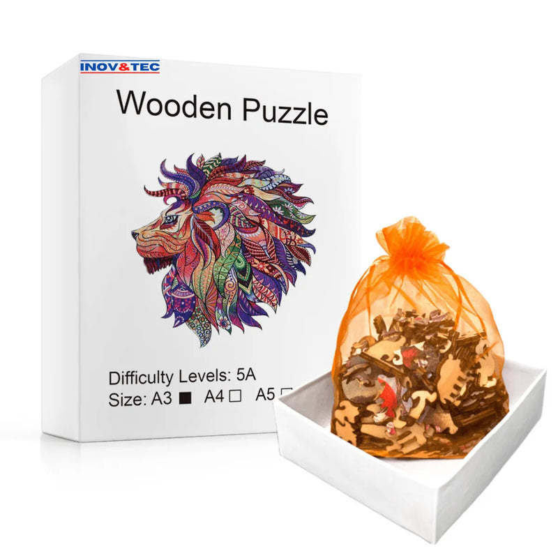 Quebra-Cabeça de Madeira Inova WOOD PUZZLE - Leão Roots | Diversão com Diversos Benefícios para Crianças e Idosos