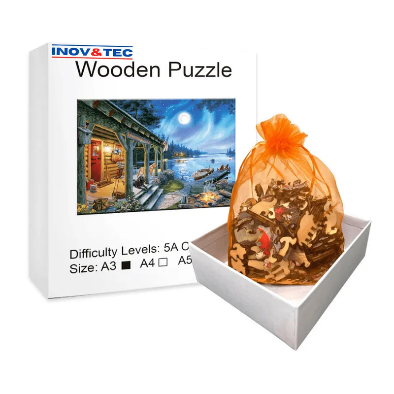 Quebra-Cabeça De Madeira Inova WOOD PUZZLE - Rio Calmo De Pesca | Diversão Com Diversos Benefícios Para Crianças e Idosos