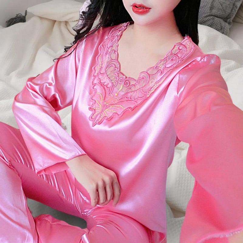 Pijama Feminino Satin Luxurious - Conjunto Com Calça e Camisa Longa em Seda Cetim Pura | Toque de Seda, Macio e Super Confortável