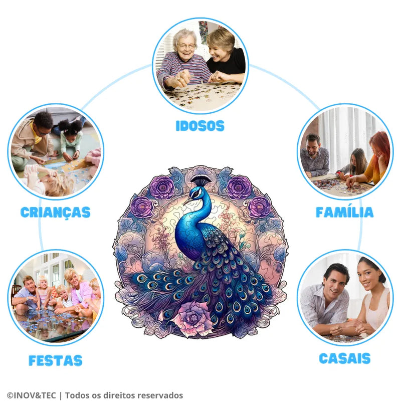 Quebra-Cabeça De Madeira Inova WOOD PUZZLE - Pavão Azul Florido | Diversão Com Diversos Benefícios Para Crianças e Idosos