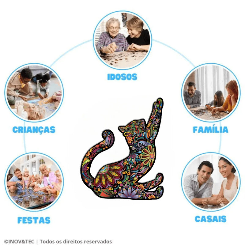 Quebra-Cabeça de Madeira Inova WOOD PUZZLE - Gato Roots | Diversão com Diversos Benefícios para Crianças e Idosos
