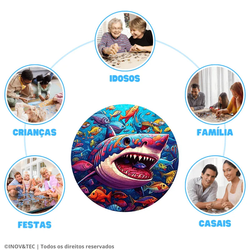 Quebra-Cabeça De Madeira Inova WOOD PUZZLE - Tubarão Com Peixes | Diversão Com Diversos Benefícios Para Crianças e Idosos