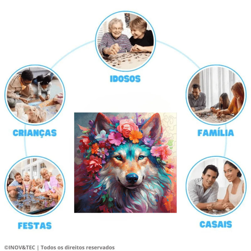 Quebra-Cabeça de Madeira Inova WOOD PUZZLE - Cachorro Floral | Diversão com Diversos Benefícios para Crianças e Idosos