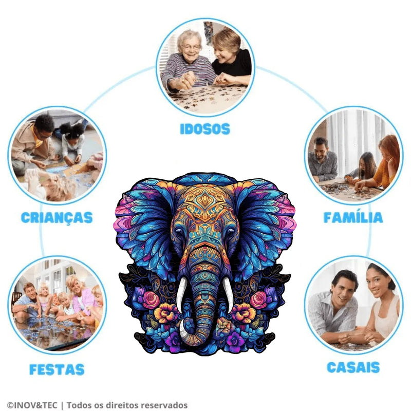 Quebra-Cabeça de Madeira Inova WOOD PUZZLE - Elefante Sereno | Diversão com Diversos Benefícios para Crianças e Idosos