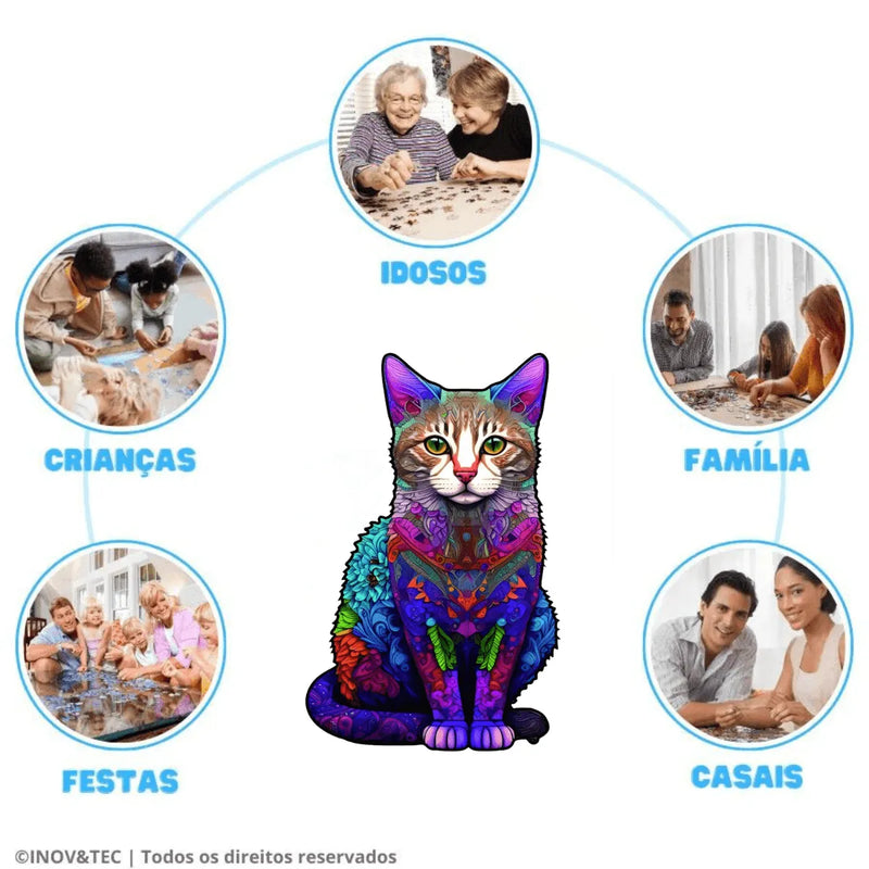 Quebra-Cabeça de Madeira Inova WOOD PUZZLE - Gato Psicodélico | Diversão com Diversos Benefícios para Crianças e Idosos