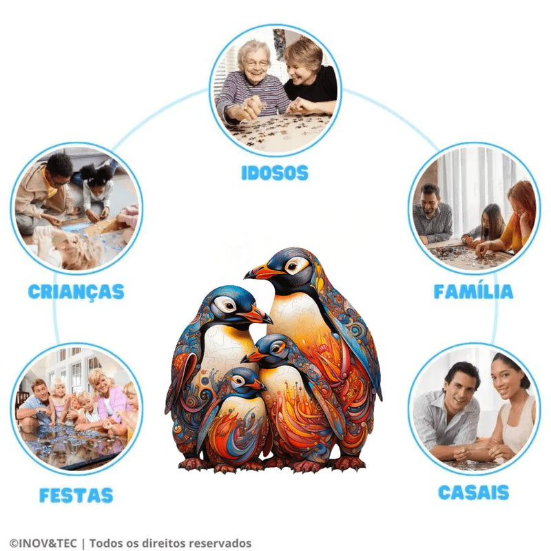 Quebra-Cabeça de Madeira Inova WOOD PUZZLE - Pinguins Aquarela | Diversão com Diversos Benefícios para Crianças e Idosos