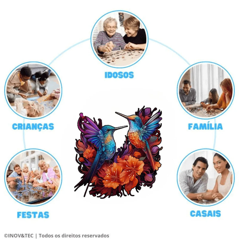 Quebra-Cabeça de Madeira Inova WOOD PUZZLE - Casal Beija-flores | Diversão com Diversos Benefícios para Crianças e Idosos