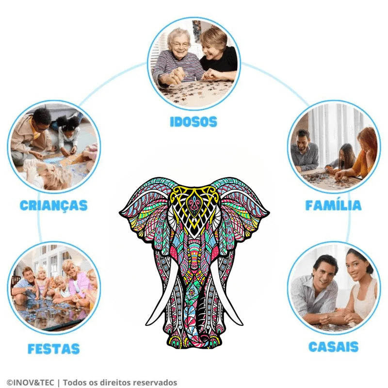 Quebra-Cabeça de Madeira Inova WOOD PUZZLE - Elefante Psicodélico | Diversão com Diversos Benefícios para Crianças e Idosos