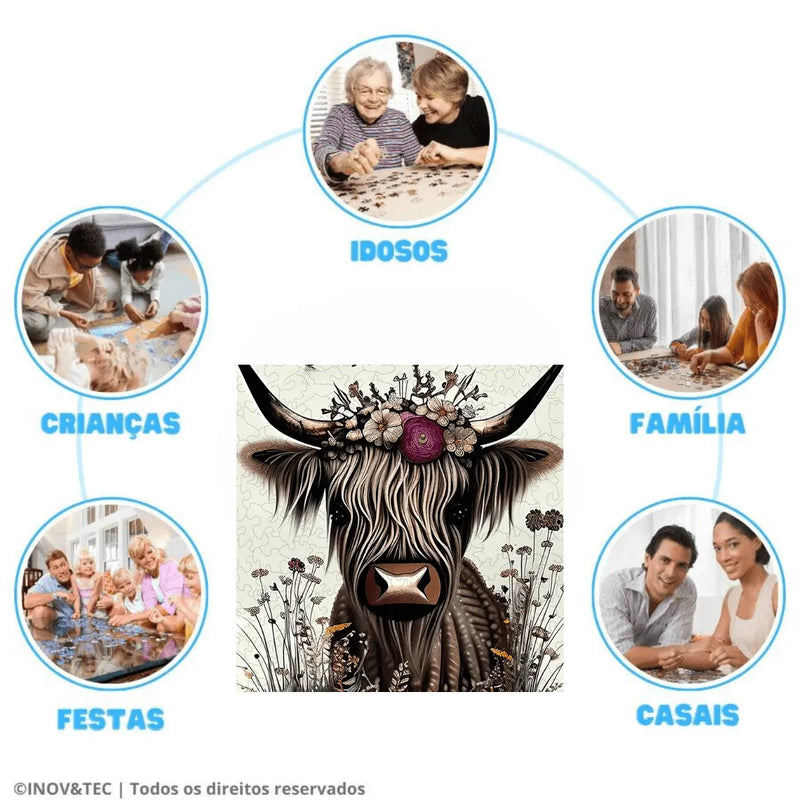 Quebra-Cabeça de Madeira Inova WOOD PUZZLE - Vaca com Flores | Diversão com Diversos Benefícios para Crianças e Idosos
