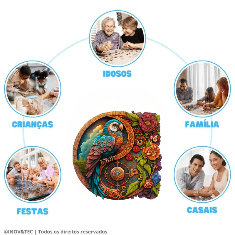Quebra-Cabeça de Madeira Inova WOOD PUZZLE - Arara Colorida | Diversão com Diversos Benefícios para Crianças e Idosos