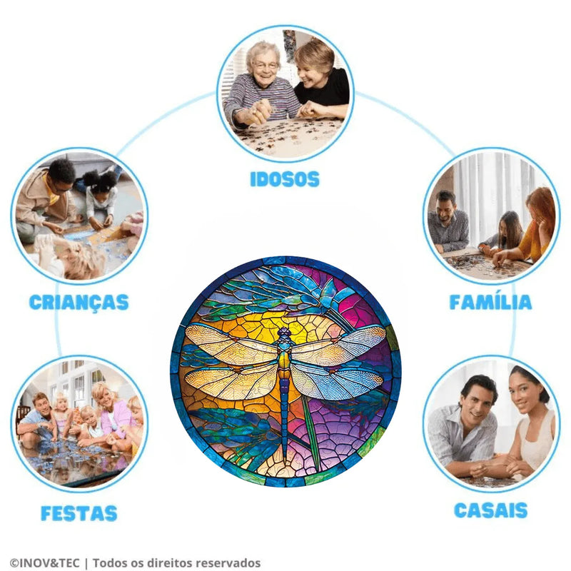 Quebra-Cabeça de Madeira Inova WOOD PUZZLE - Libélula Pôr do Sol | Diversão com Diversos Benefícios para Crianças e Idosos