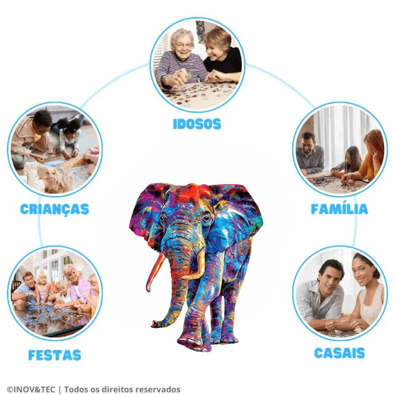 Quebra-Cabeça de Madeira Inova WOOD PUZZLE - Elefante Aquarela | Diversão com Diversos Benefícios para Crianças e Idosos