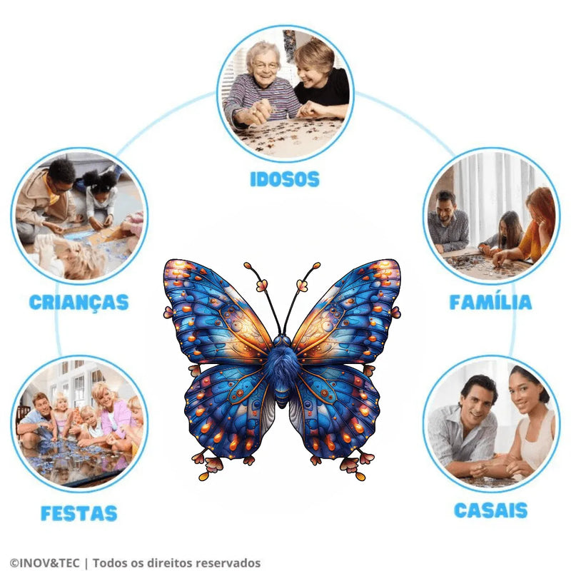 Quebra-Cabeça de Madeira Inova WOOD PUZZLE - Borboleta Azul | Diversão com Diversos Benefícios para Crianças e Idosos