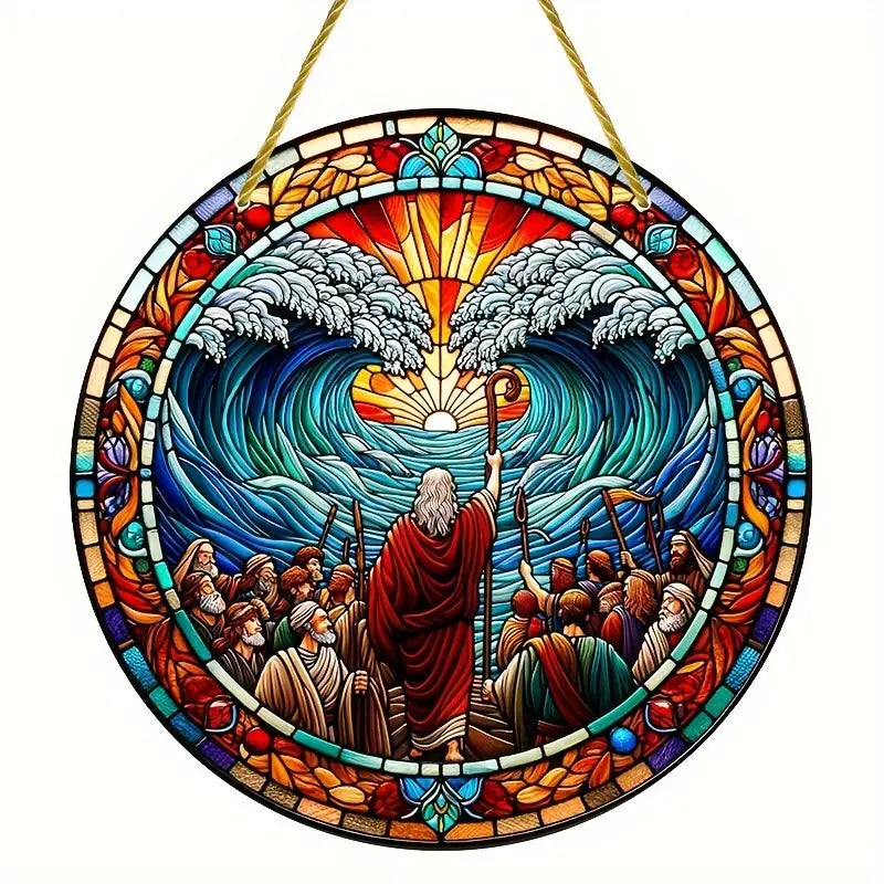 Vitral Decorativo Em Acrílico - Moises Abre o Mar Vermelho | Decoração Religiosa Para Sua Casa