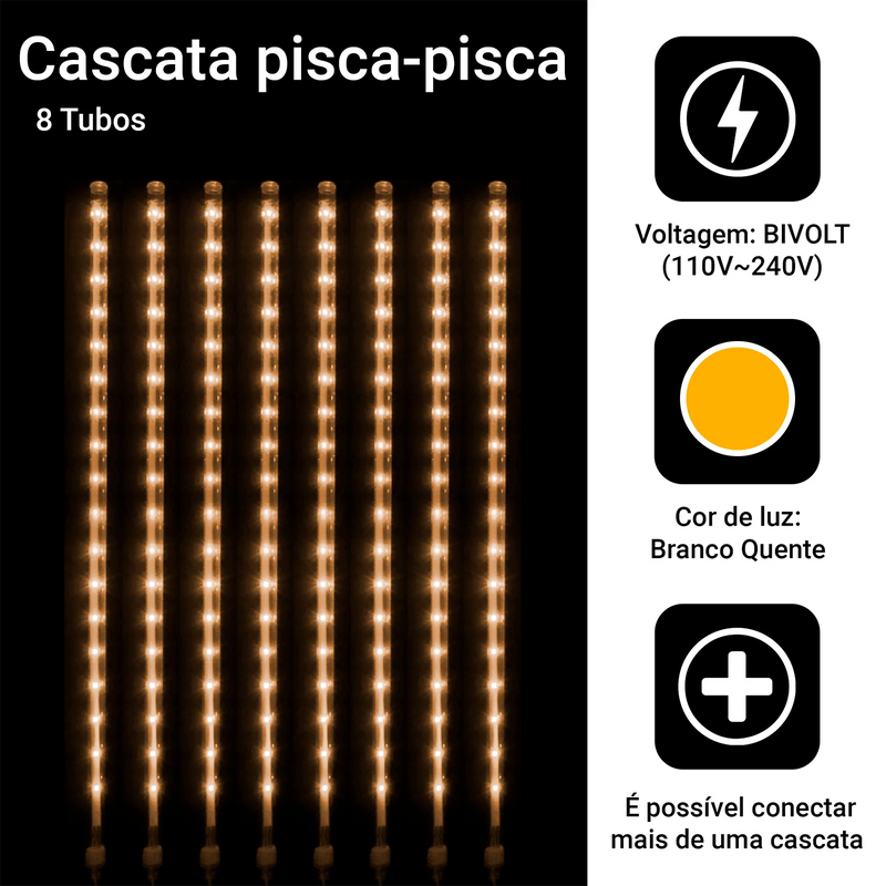 Cascata de Luzes LED Meteoros de Natal - 8 Tubos 50cm