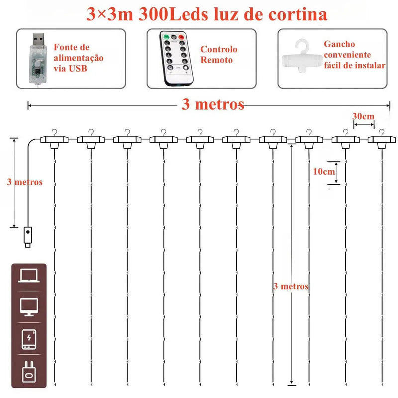 RGB 3×3M Cortina de led luz USB controle remoto