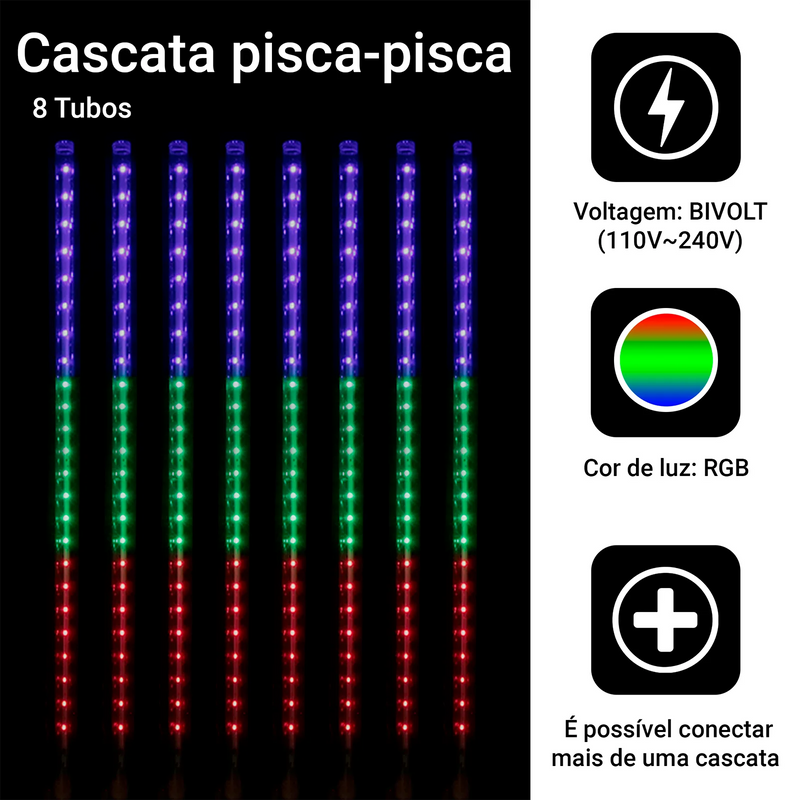 Cascata de Luzes LED Meteoros de Natal - 8 Tubos 50cm