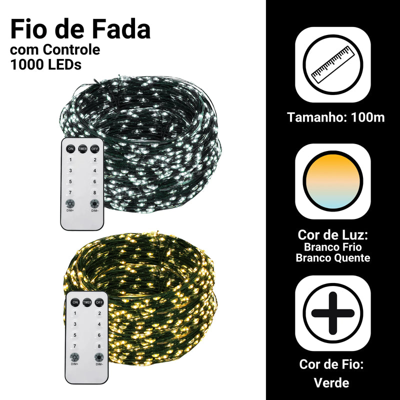 Fio De Fada 100m 1000 Leds Natal + Controle 8 Funções Bivolt