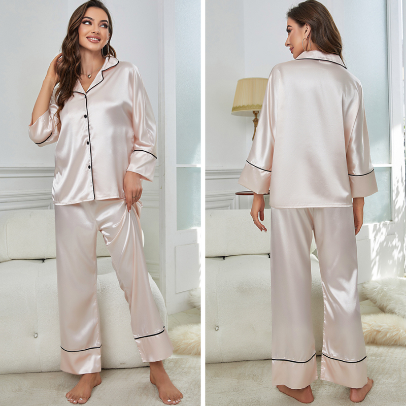 Pijama Feminino Golden Glamour - Conjunto Com Calça e Camisa Longa em Seda Gelo Premium | Tecido Macio, Leve e Confortável