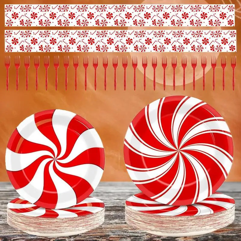 Conjunto de Louça com Tema de Natal: Vermelho e Branco Listrado