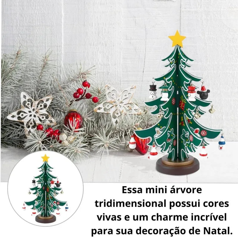 Árvore de Natal de Mesa com Enfeites de Madeira - Kit 23 Peças