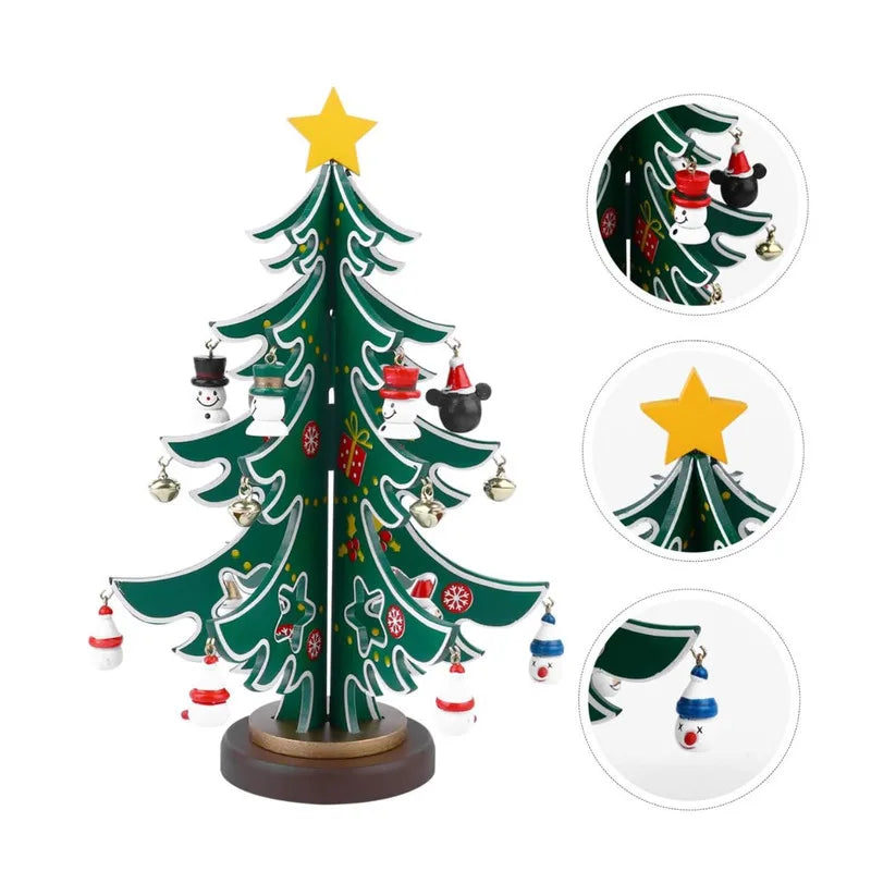 Árvore de Natal de Mesa com Enfeites de Madeira - Kit 23 Peças