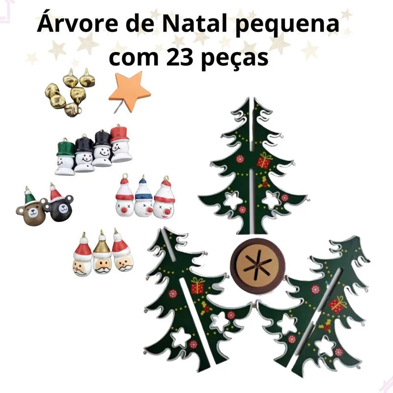 Árvore de Natal de Mesa com Enfeites de Madeira - Kit 23 Peças