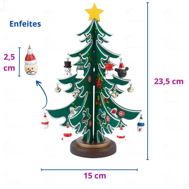 Árvore de Natal de Mesa com Enfeites de Madeira - Kit 23 Peças