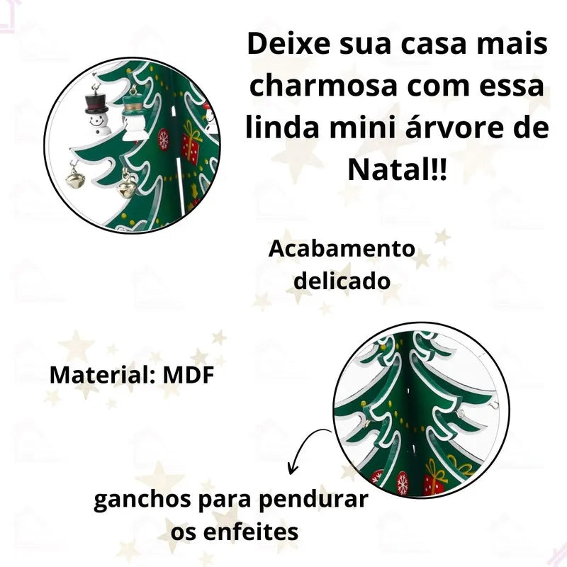 Árvore de Natal de Mesa com Enfeites de Madeira - Kit 23 Peças