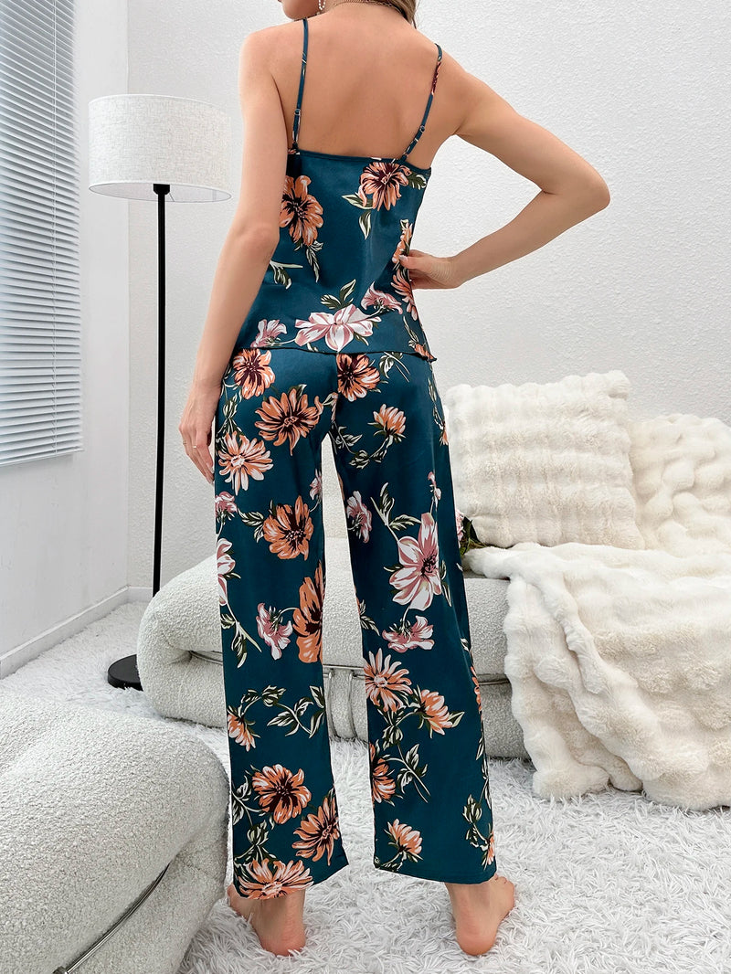 Pijama Feminino Flowers - Conjunto Calça e Camisa Em Seda Gelo Premium | Toque De Seda Super Confortável